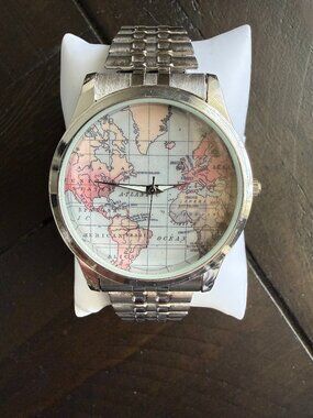 World map men's silver analog watch stainless steel back stretch band